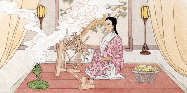 A woman of the ming dynasty sitting in a court like room weaving.