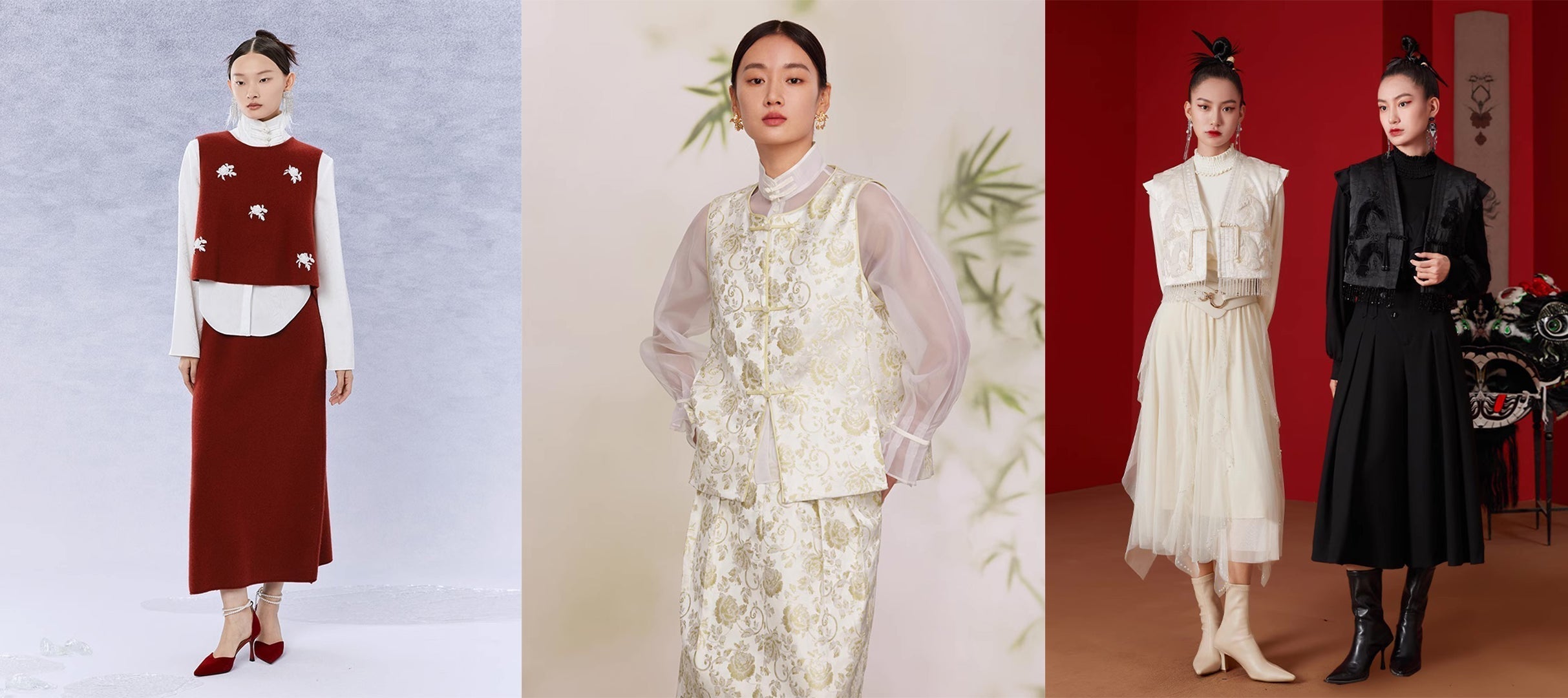 Several female models posing in modern traditional Chinese clothing. 