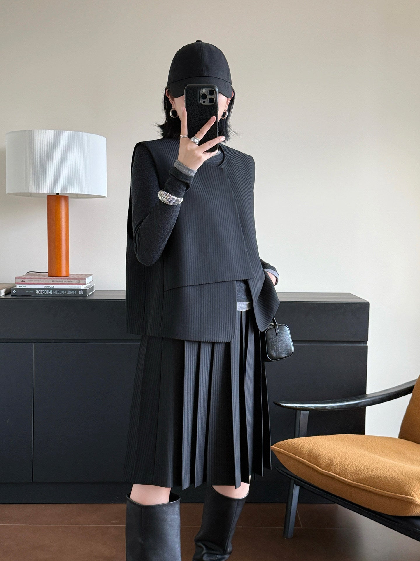 Twill Vest and Pleated Skirt Set