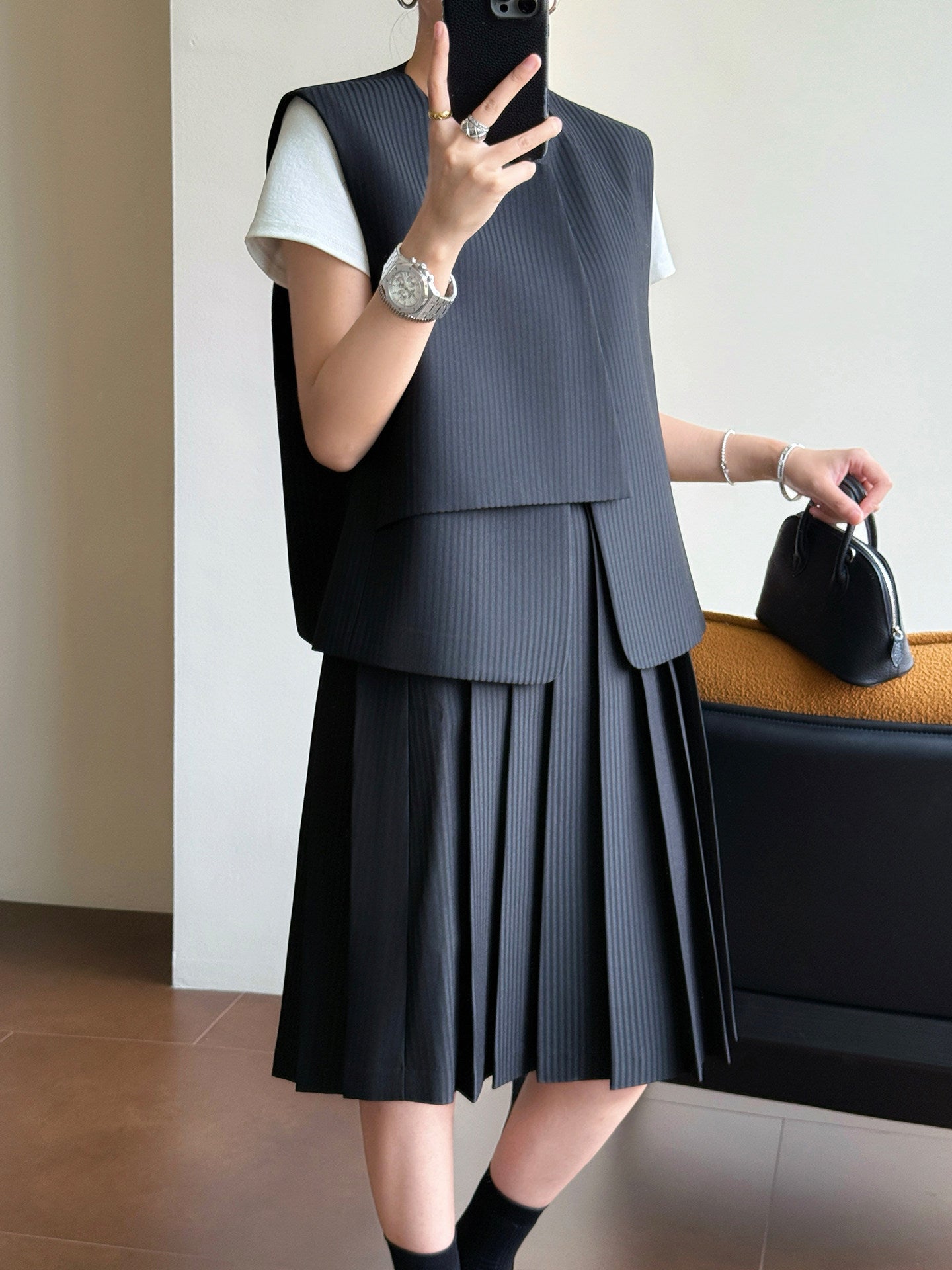 Twill Vest and Pleated Skirt Set