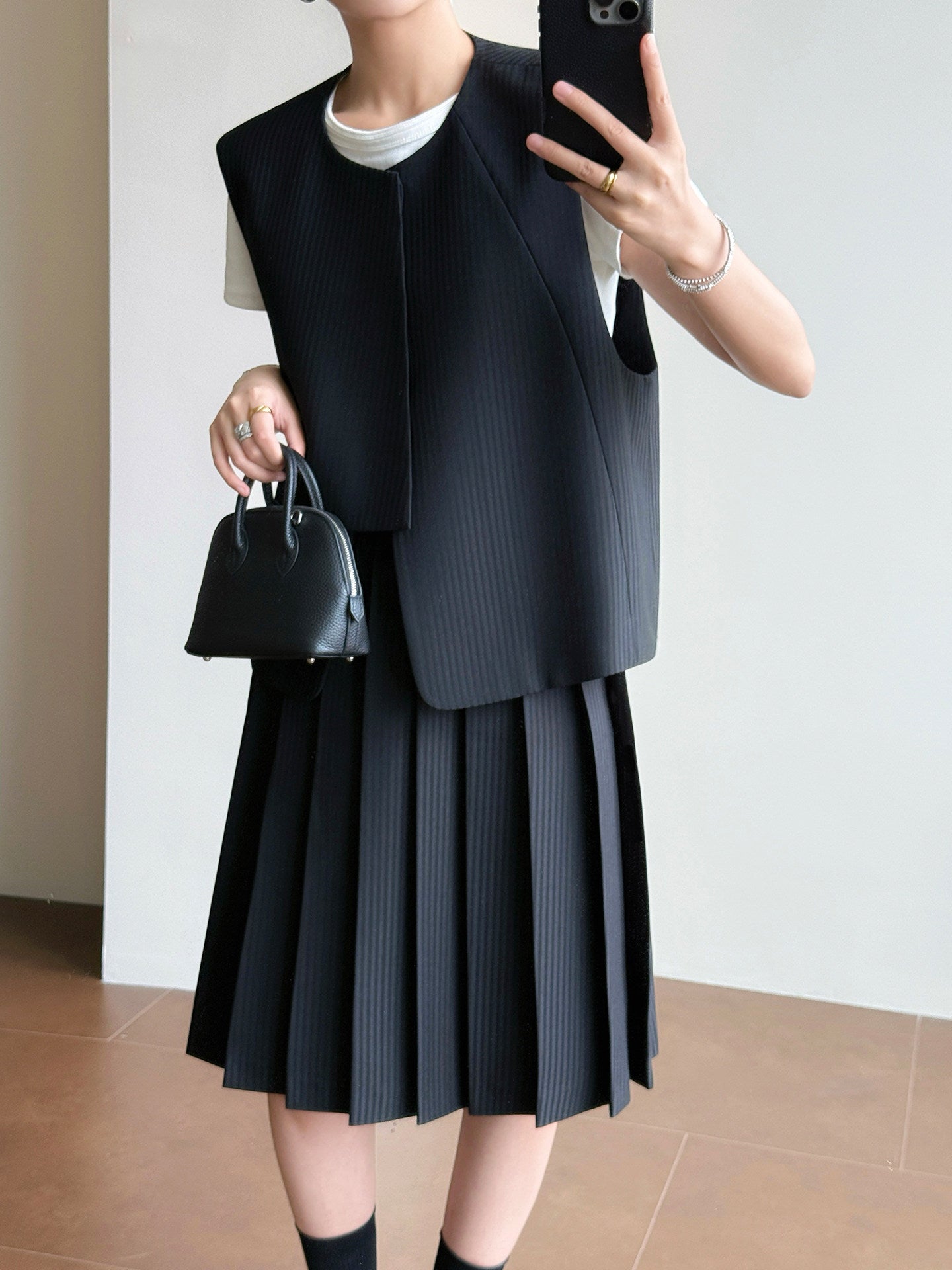 Twill Vest and Pleated Skirt Set