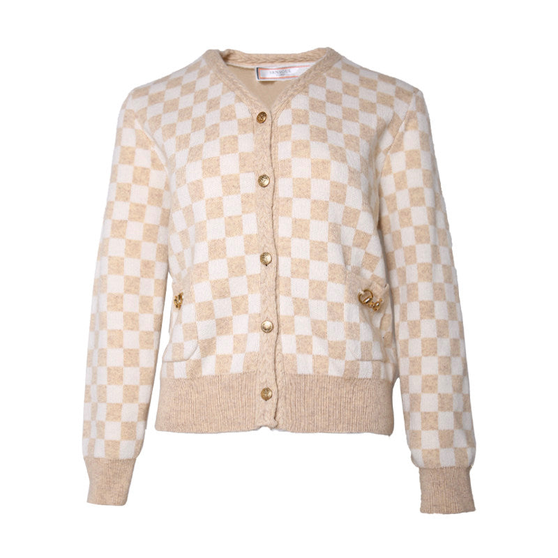 Beige and white checkered cardigan on a white background