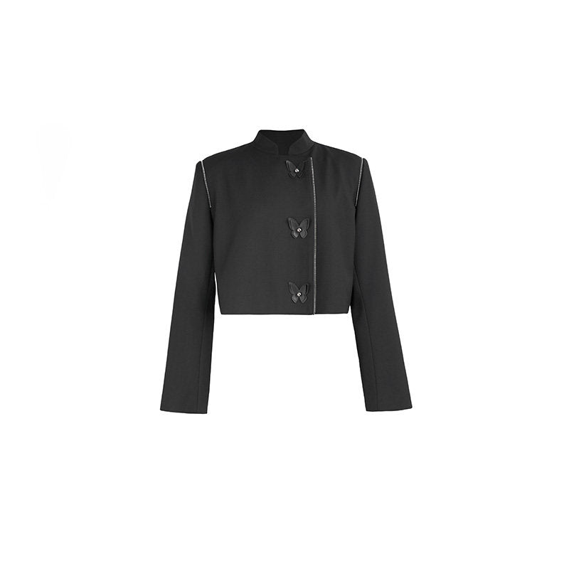 Black Stand-Up Collar Butterfly Buckle Suit Top