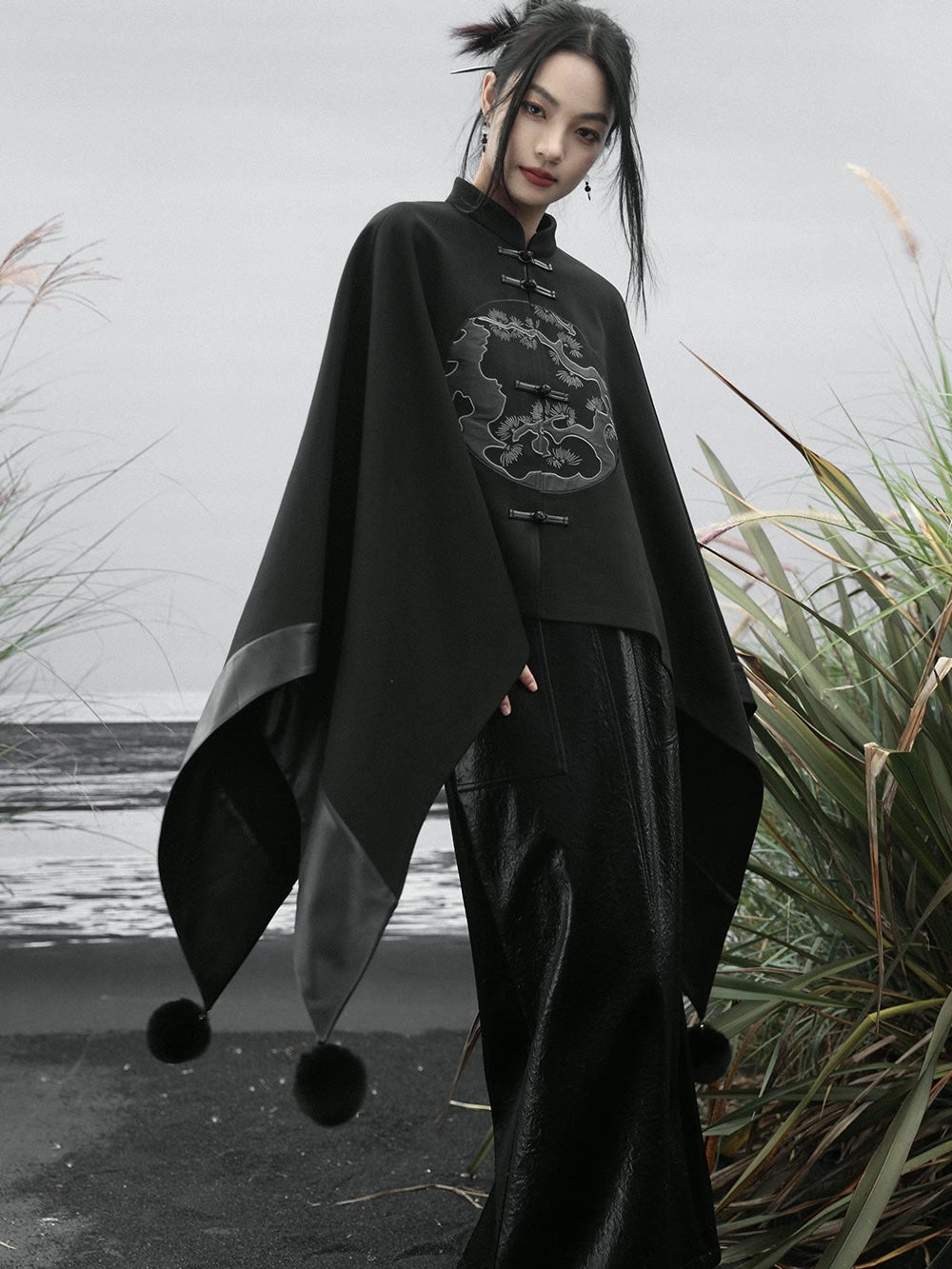 Black Embroidery Cape Coat