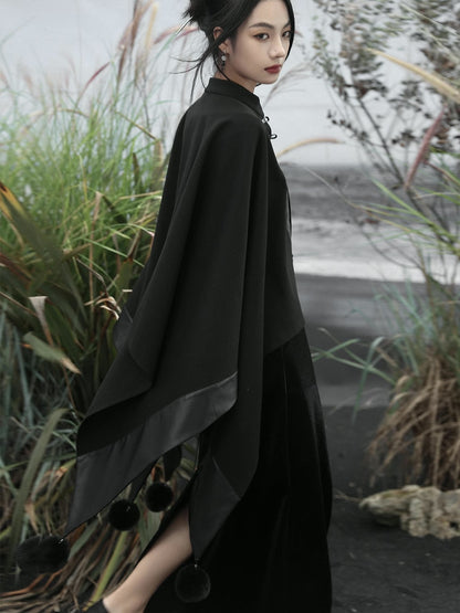 Black Embroidery Cape Coat