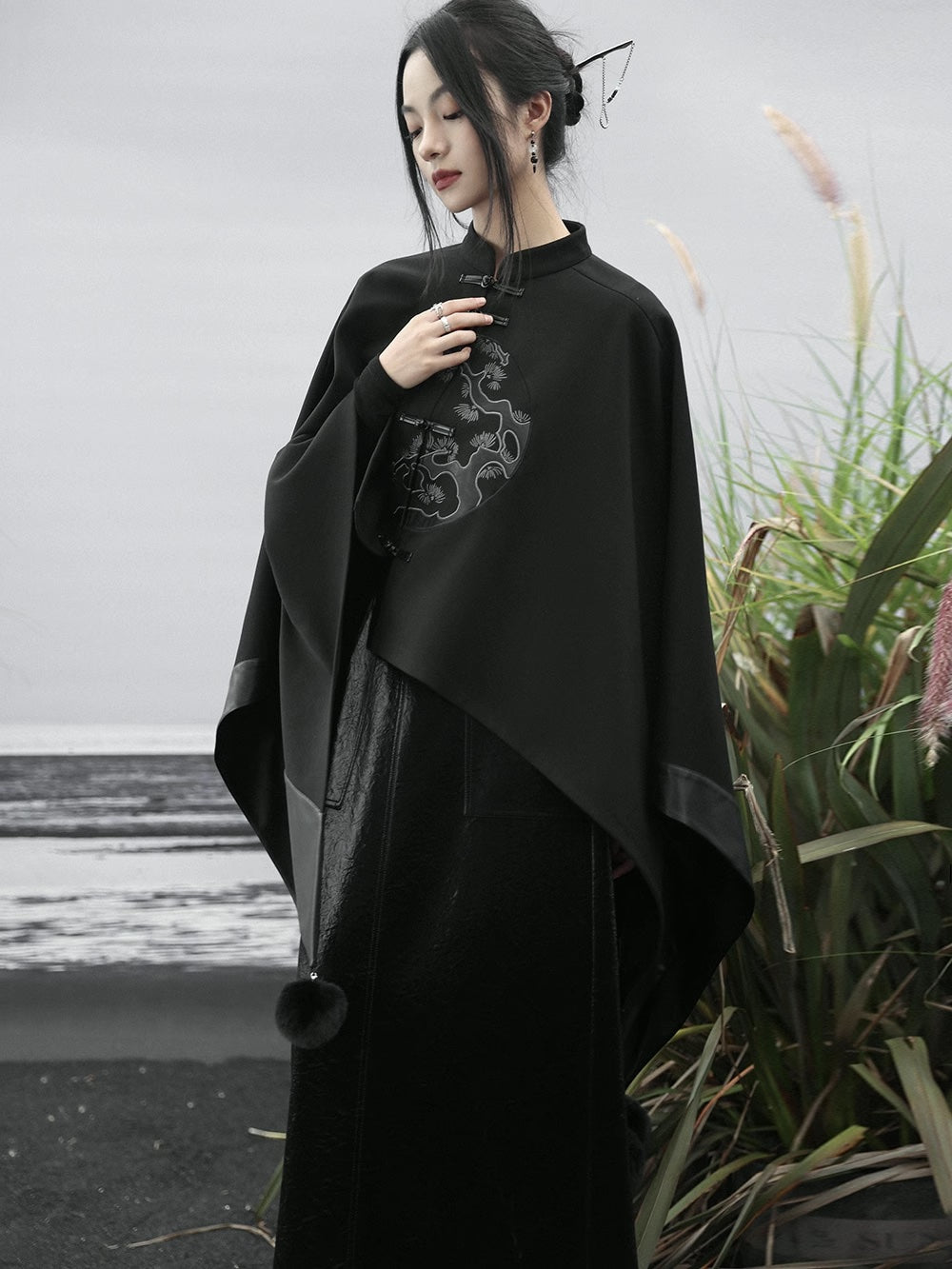 Black Embroidery Cape Coat