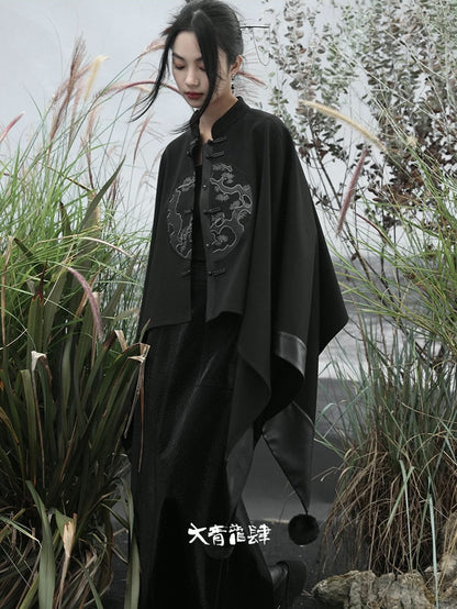 Black Embroidery Cape Coat