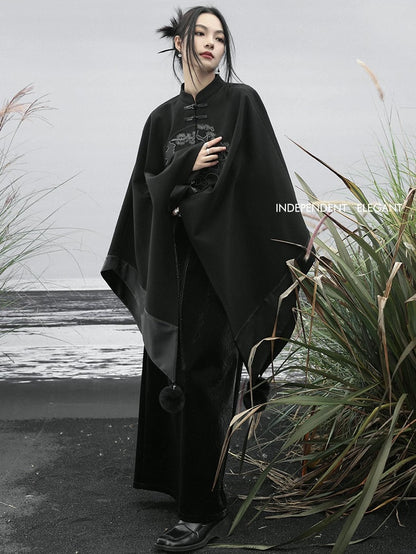 Black Embroidery Cape Coat