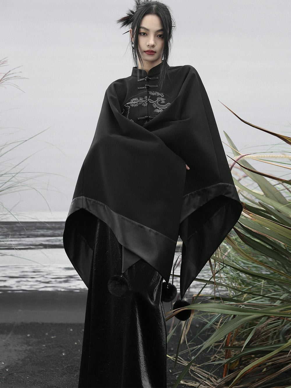 Black Embroidery Cape Coat