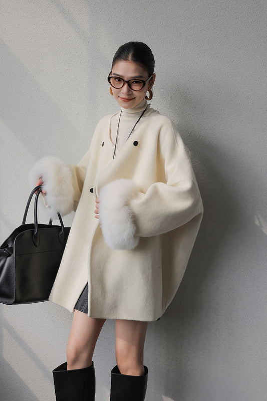 Fox Fur Cuffs Double-Sided Wool Coat