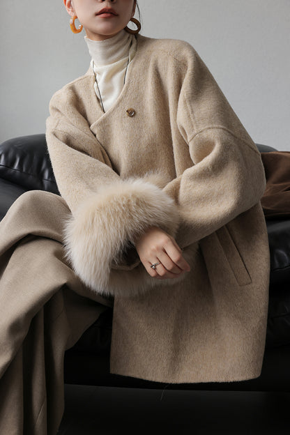 Fox Fur Cuffs Double-Sided Wool Coat