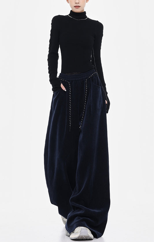 Chenille Drawstring Wide Leg Trousers