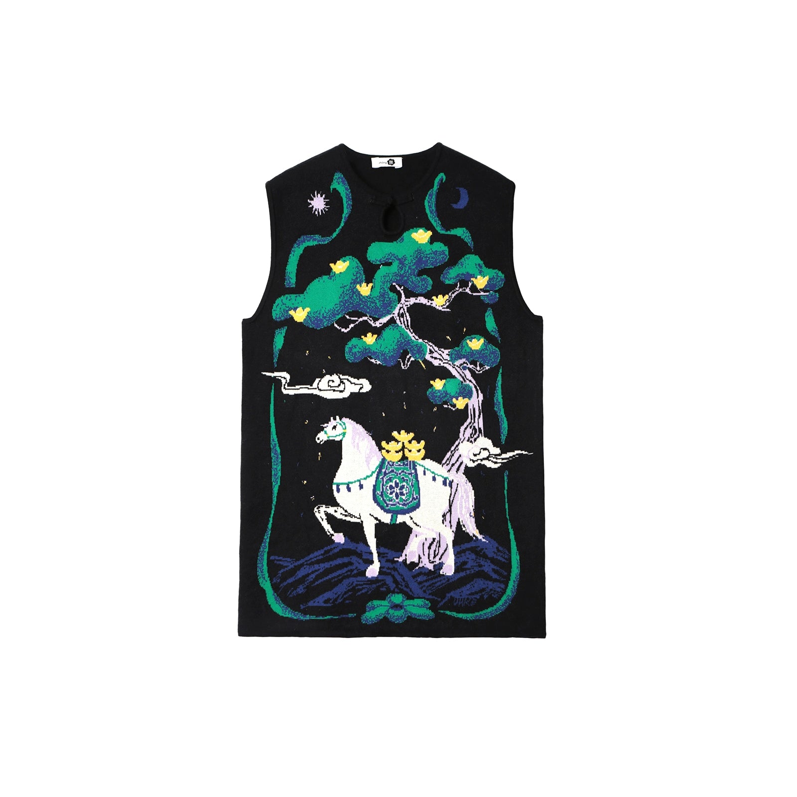 Black sleeveless shirt with a white horse and tree design on a white background