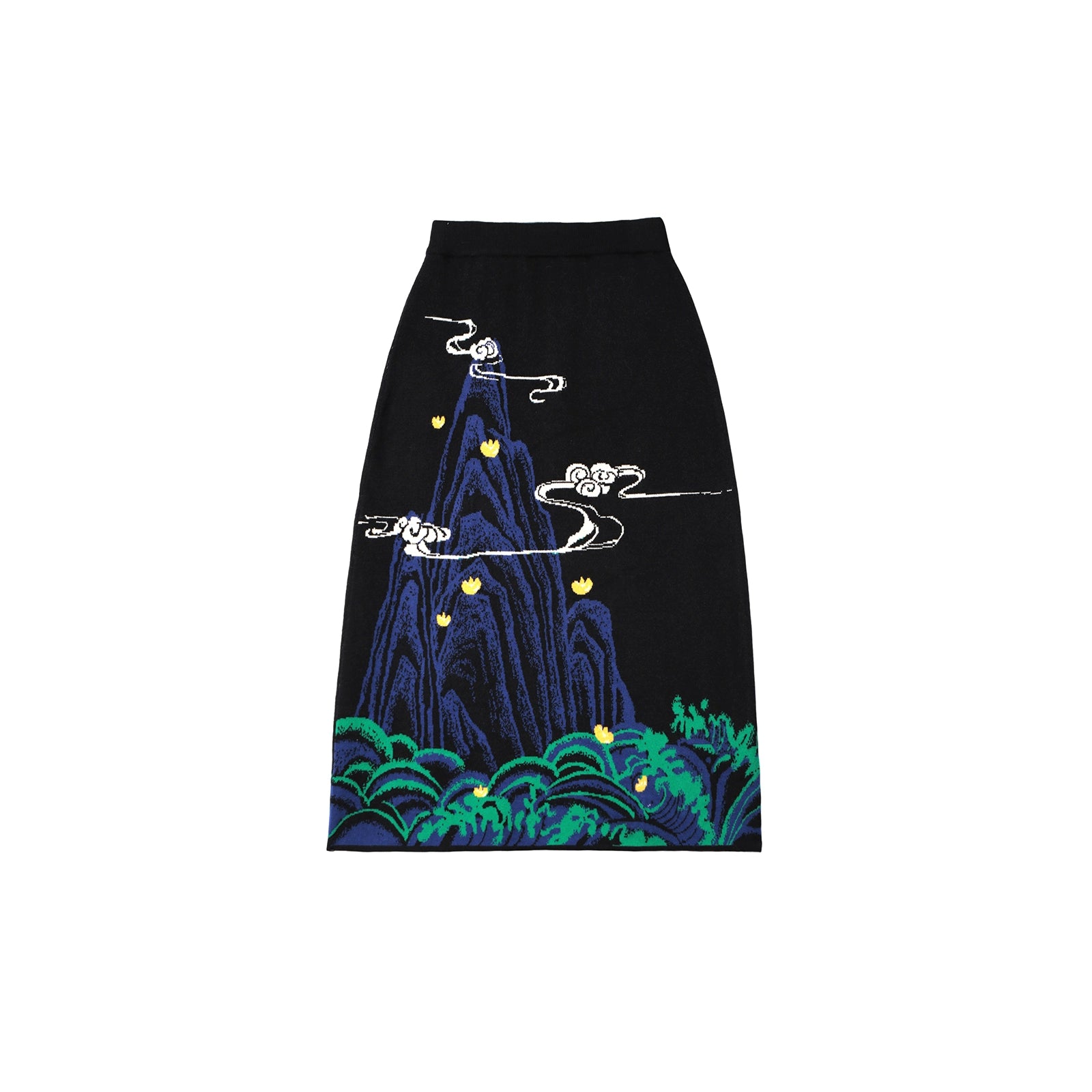 Black skirt with blue and green embroidered design on a white background