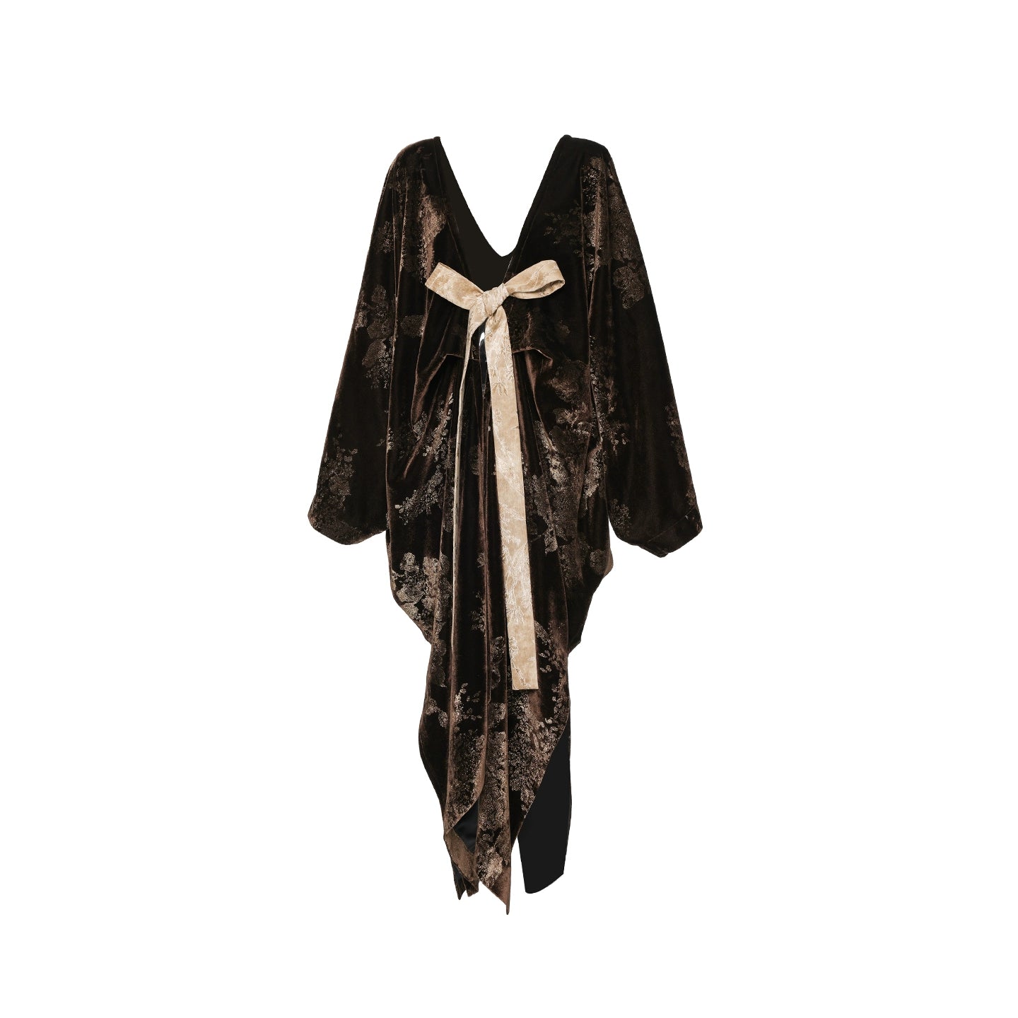 Black velvet dress with a beige ribbon on a white background