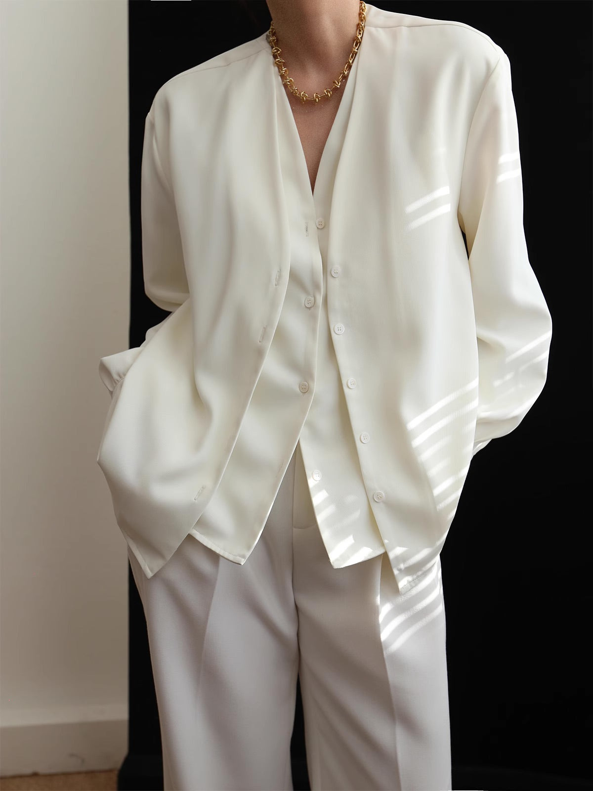 V-Neck Double-Layer White Shirt