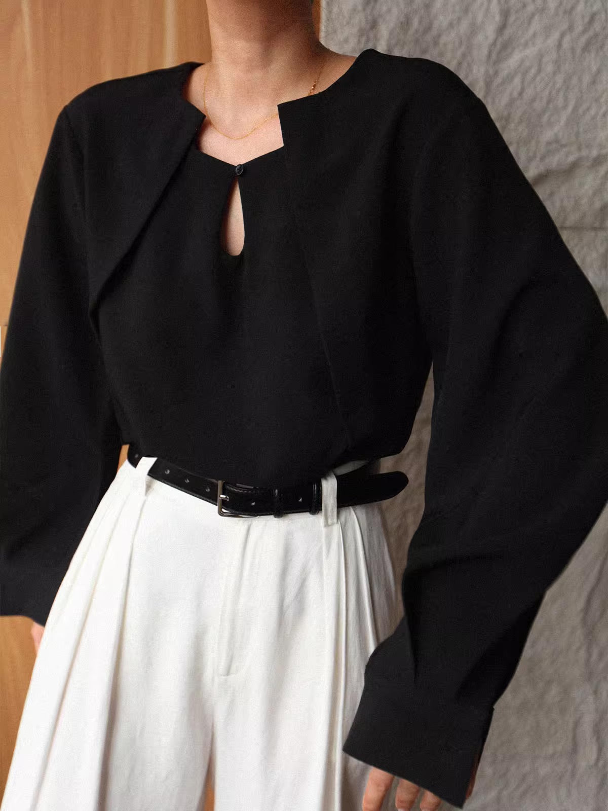 Cut Out Collar Black Shirt