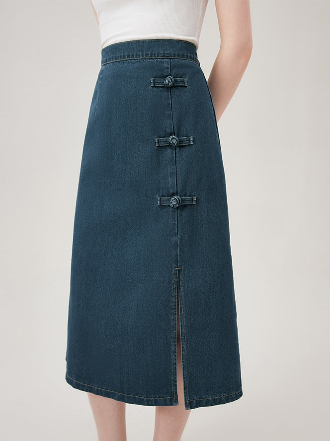 Disc Buckle Slit Denim Skirt