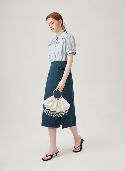 Disc Buckle Slit Denim Skirt