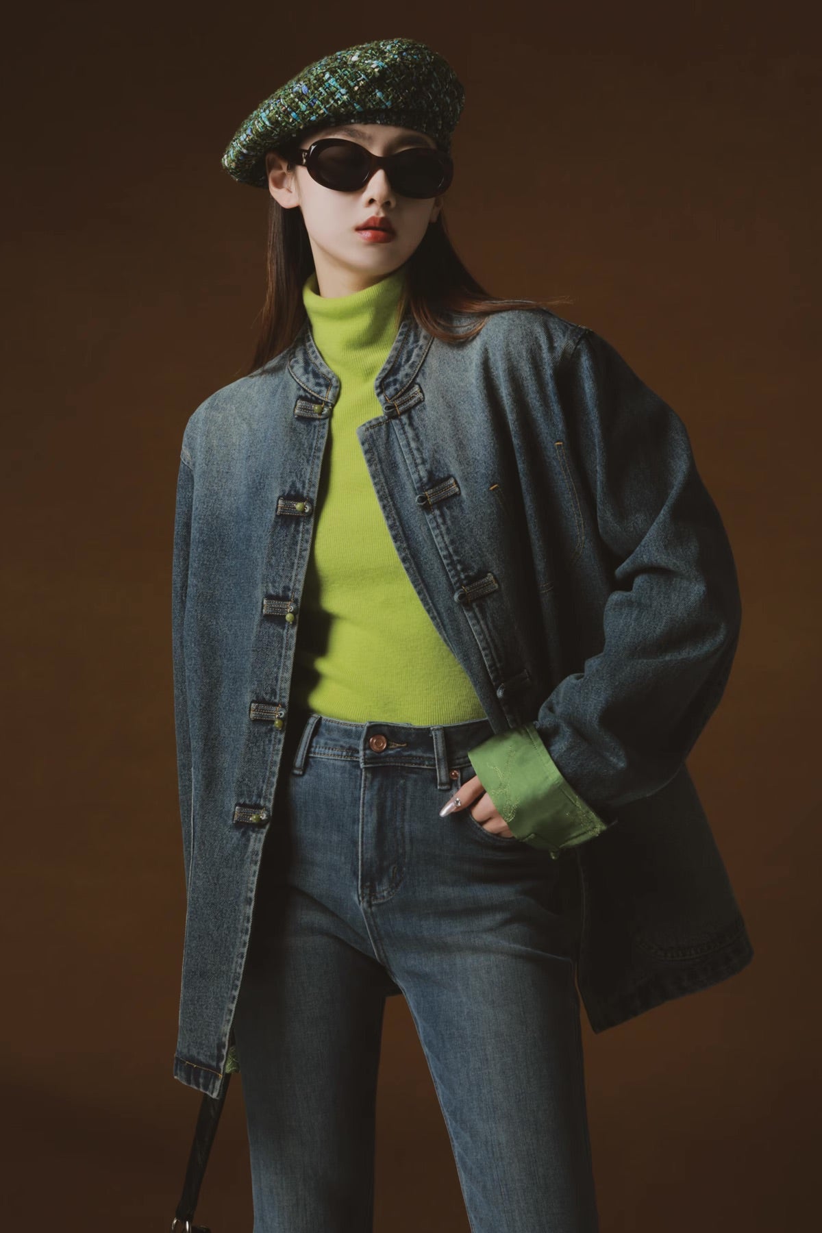 Disc Button Stand Collar Denim Top