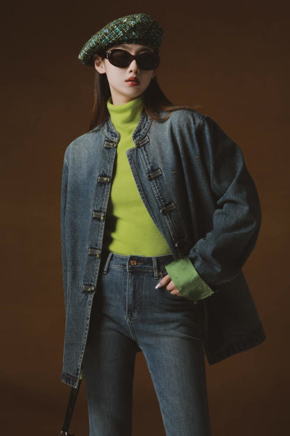 Disc Button Stand Collar Denim Top