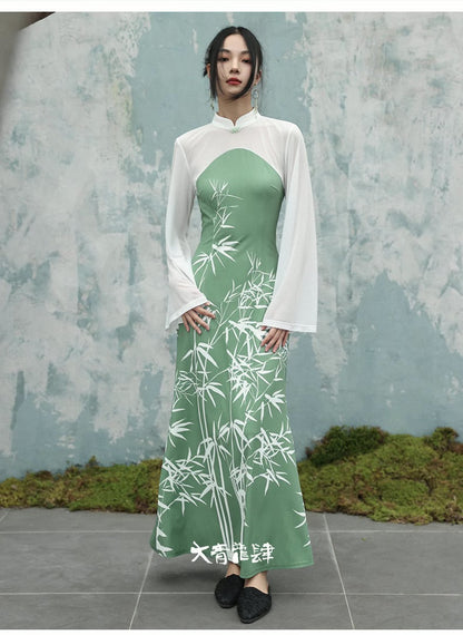 Green Spring Bamboo Printed Cheongsam