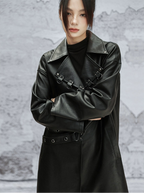 Big green dragon shop dark rivet PU leather jacket women's winter niche design metal decoration long coat