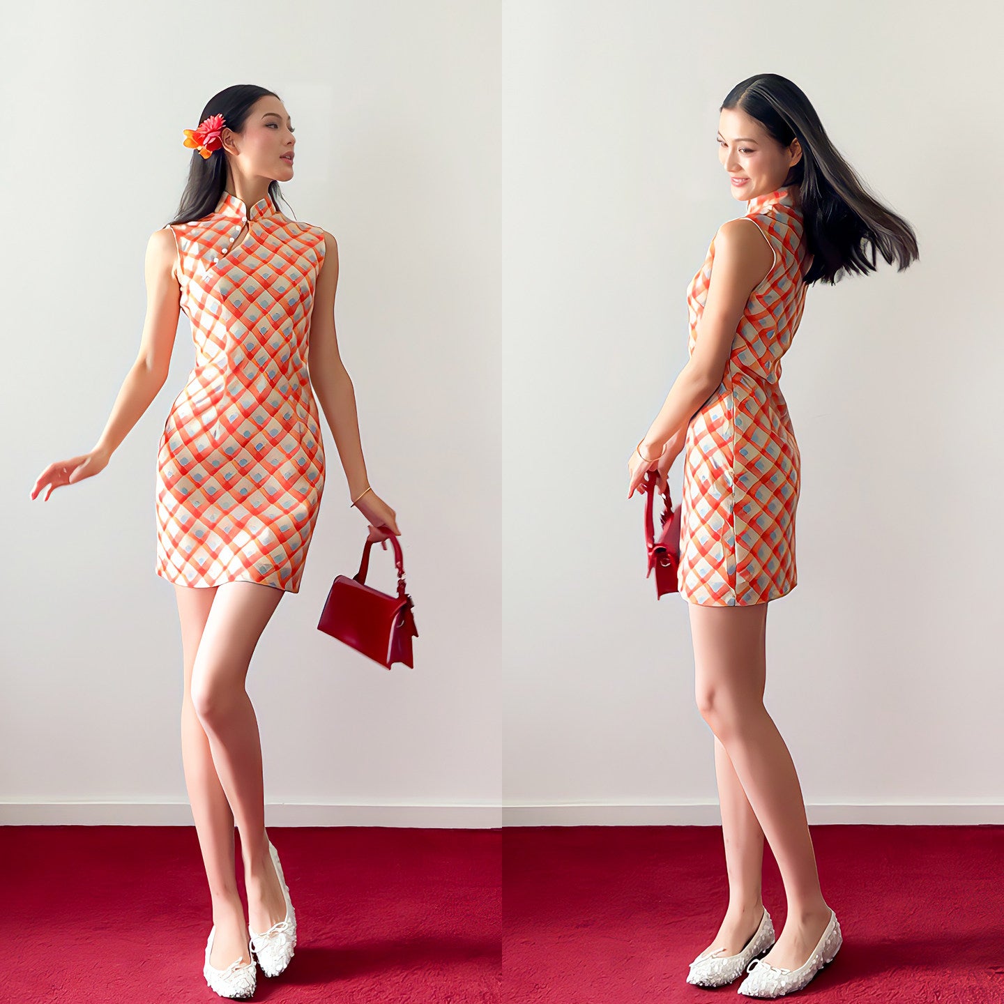 Woman in a red and white checkered dress holding a red handbag on a red carpet with a white background