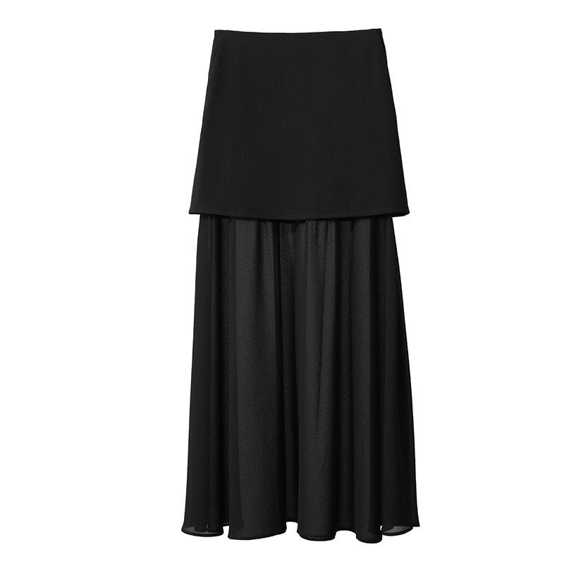 A black two-tier midi skirt with a structured, wide top layer and a flowing, gathered bottom layer, shown against a plain white background.