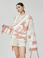 Woman wearing a floral-patterned outfit with a white background