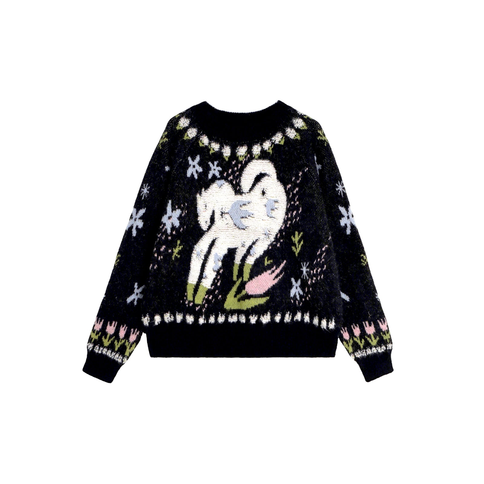 Black sweater with colorful designs on a white background