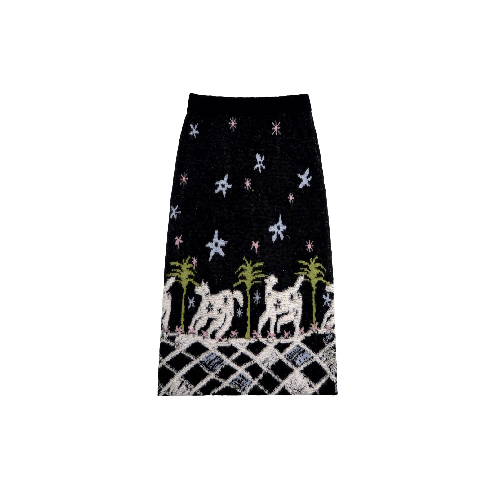 Black skirt with white animal and star pattern on a white background