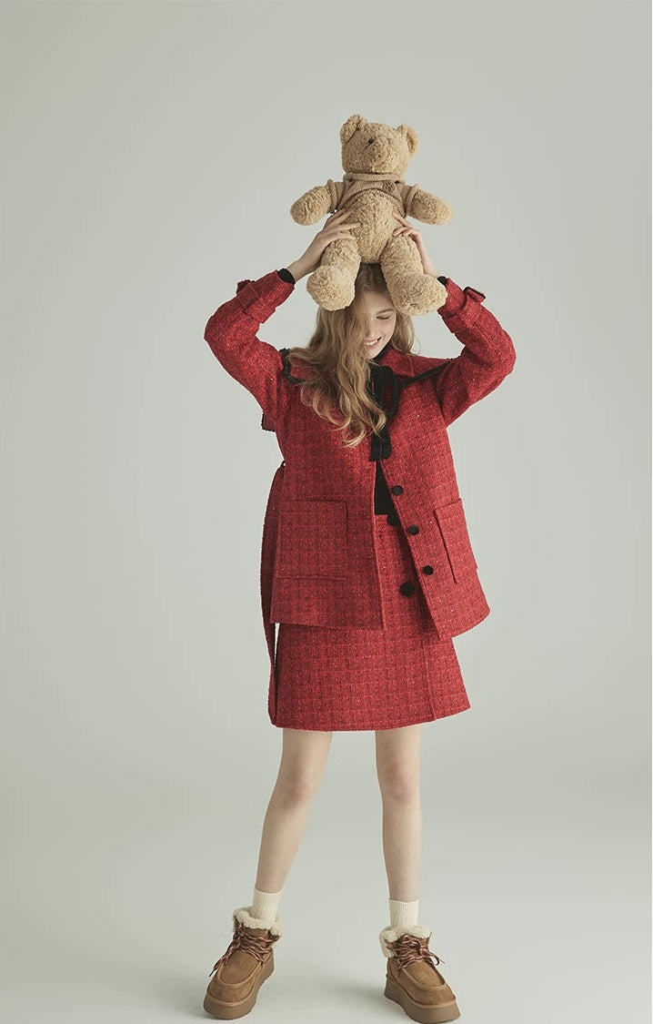 Red Checkered Skirt Suit