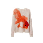 Fluffy sweater with a goldfish design on a white background
