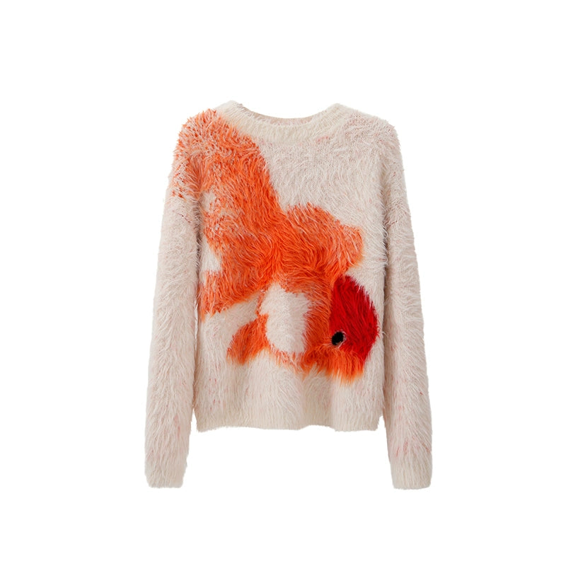 Fluffy sweater with a goldfish design on a white background