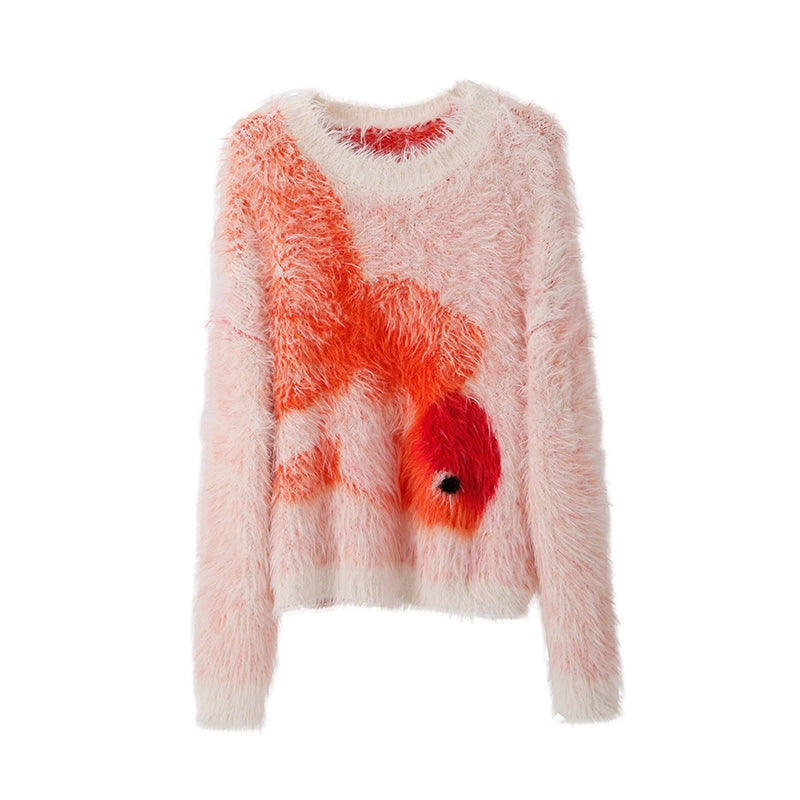 Fluffy sweater with a red fish design on a white background