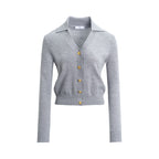 Gray cardigan with gold buttons on a white background