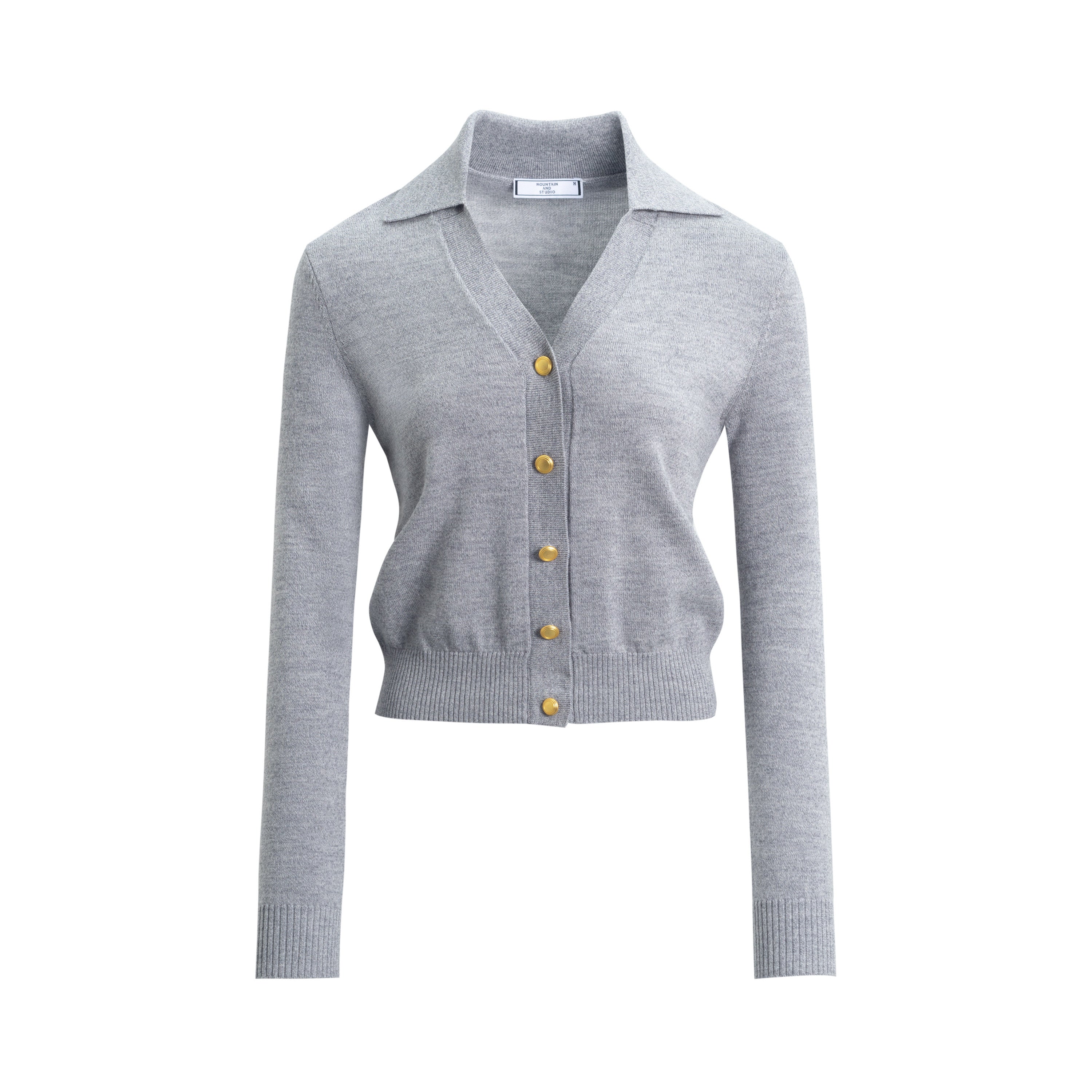 Gray cardigan with gold buttons on a white background