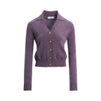 Purple cardigan with gold buttons on a white background