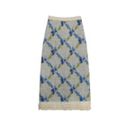 Patterned fabric with blue and green design on a white background