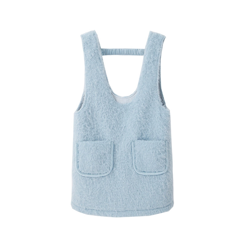 Light blue sleeveless top with two front pockets on a white background