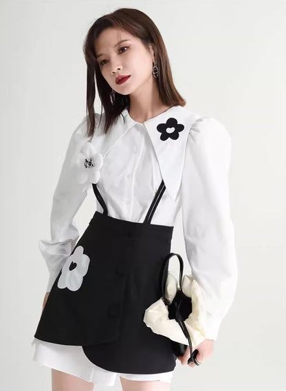 White Flowers Shirt Black Slip Dress