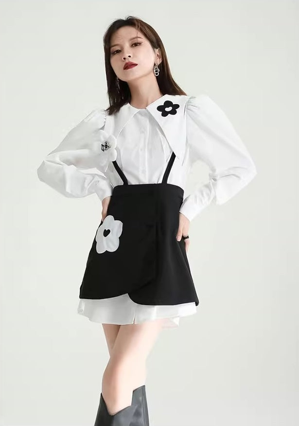 White Flowers Shirt Black Slip Dress