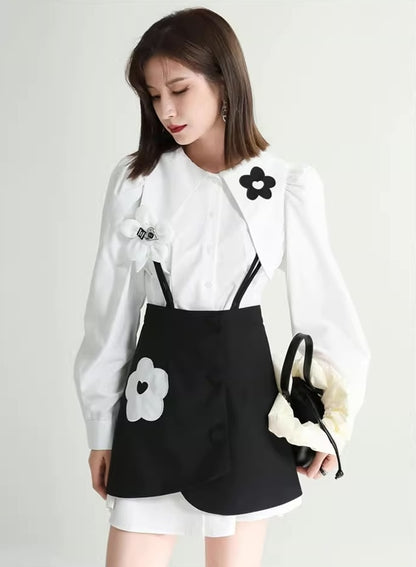 White Flowers Shirt Black Slip Dress