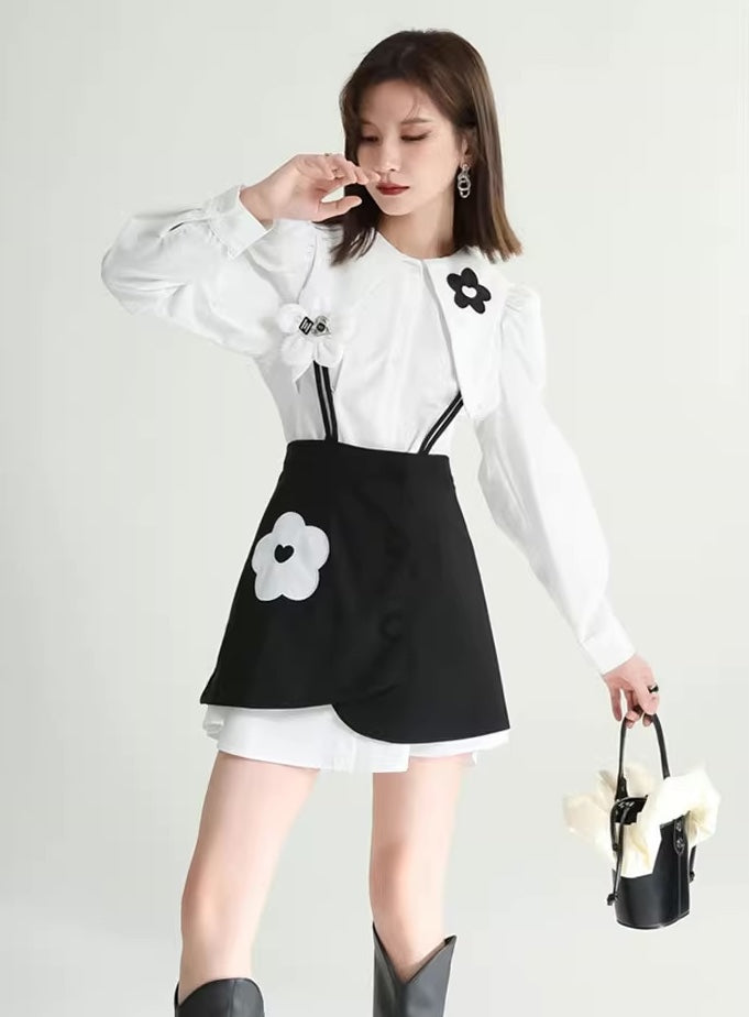 White Flowers Shirt Black Slip Dress