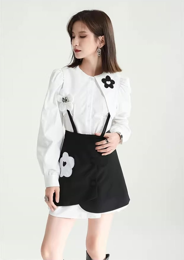 White Flowers Shirt Black Slip Dress