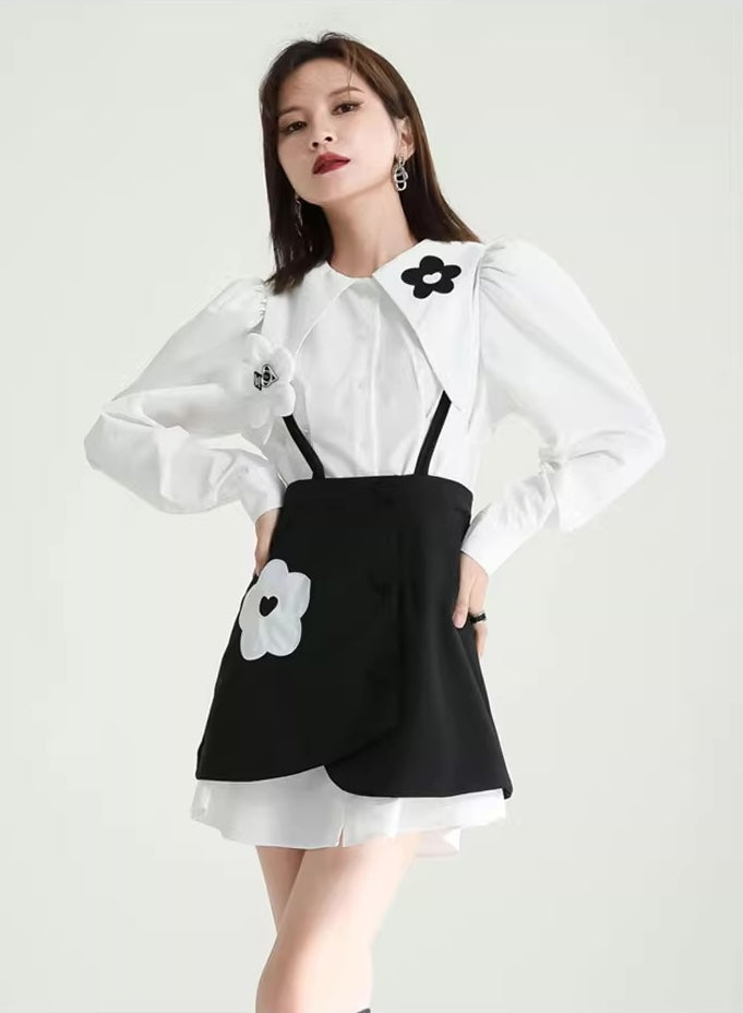 White Flowers Shirt Black Slip Dress