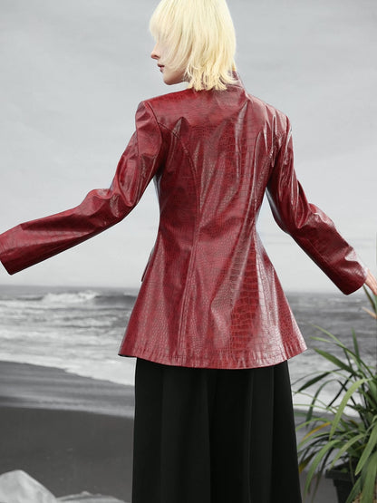 Wine Red PU Leather Suit Jacket