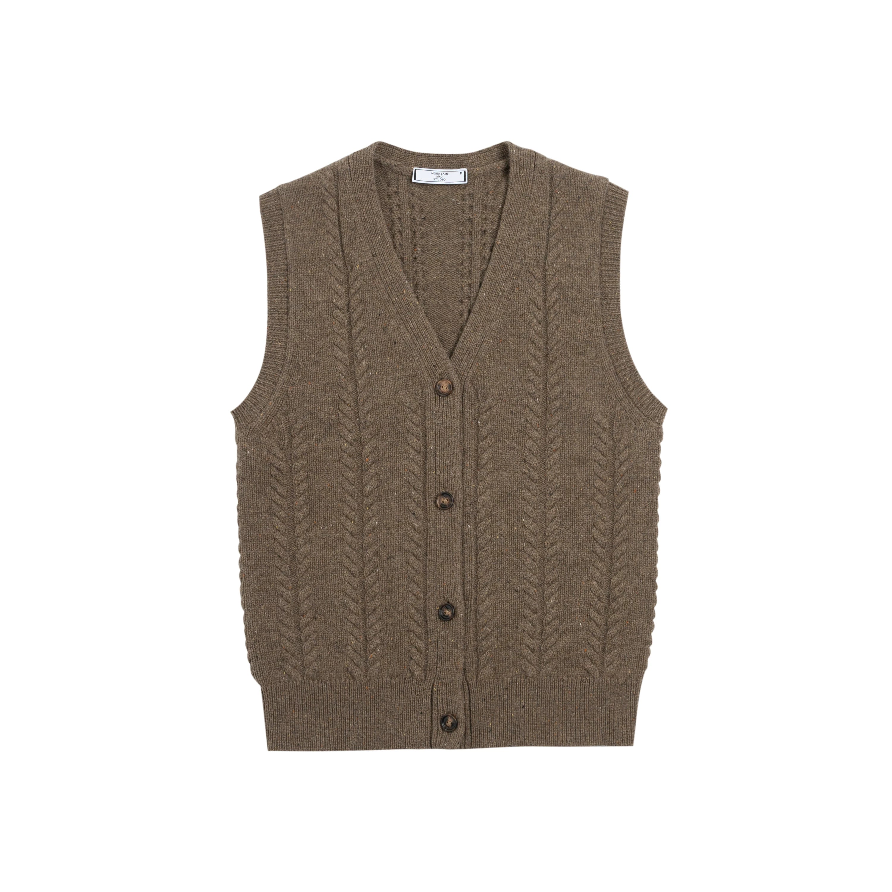 Brown knitted vest with buttons on a white background